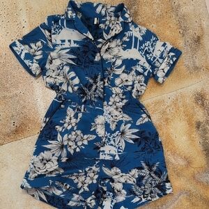 Topshop | Blue White Tropical Floral Romper Shorts Jumpsuit Size 0